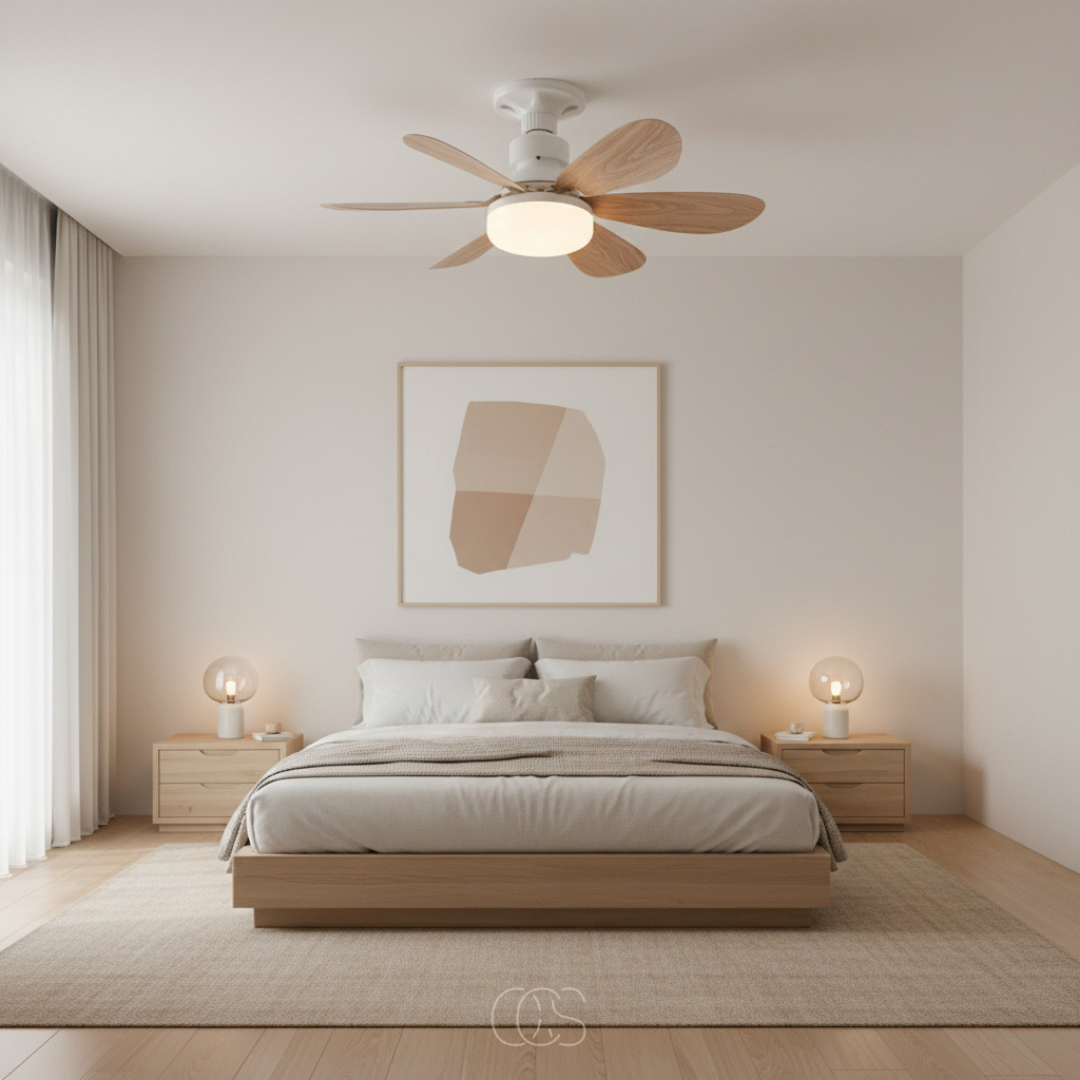 Ventilátor se světlem pod stropem útulné ložnice s dřevěnou postelí, nočními stolky a lampičkami 3