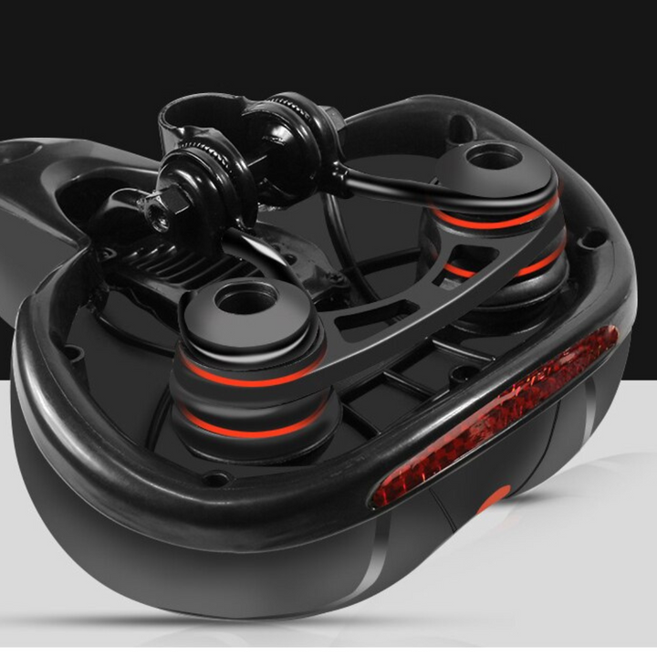 Schwarzer Fahrradsattel mit rotem LED-Licht, ergonomisch, stoßdämpfend, für Mountainbikes.