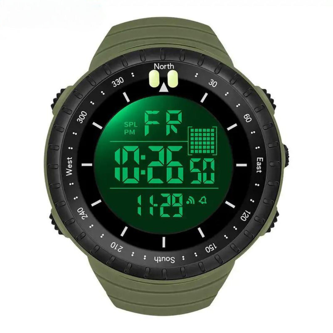 Grüne digitale Armbanduhr mit Kompass, Stoppuhr und Kalenderanzeige, Outdoor-Sportuhr.