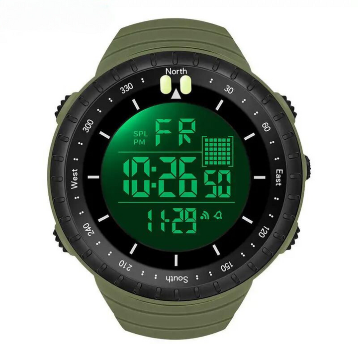 Grüne digitale Armbanduhr mit Kompass, Stoppuhr und Kalenderanzeige, Outdoor-Sportuhr.