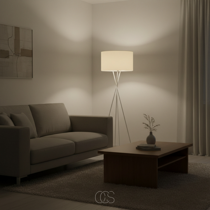 Rozsvícená lampa s krémovým stínidlem v rohu zšeřícího se obýváku za dřevěným konferenčním stolkem 8