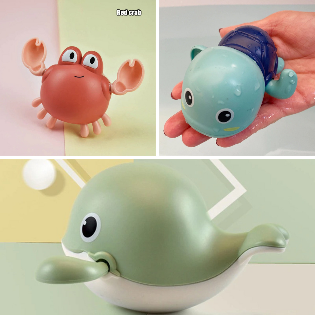 Spielzeugset für Kinder: roter Krabbe, blauer Schildkröte, grüner Wal, Badespielzeug, Kunststoff.