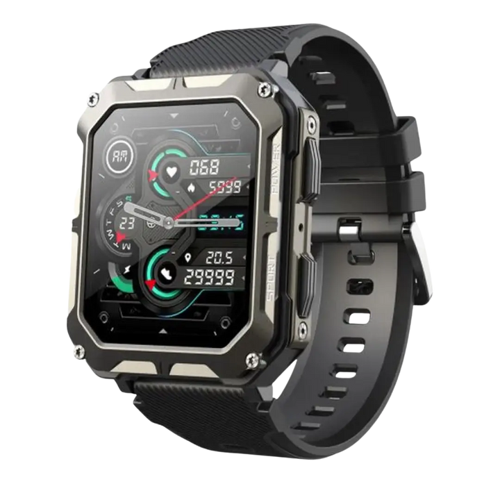 Robuste Smartwatch mit Herzfrequenzmesser, Schrittzähler, schwarz, Outdoor, wasserdicht.