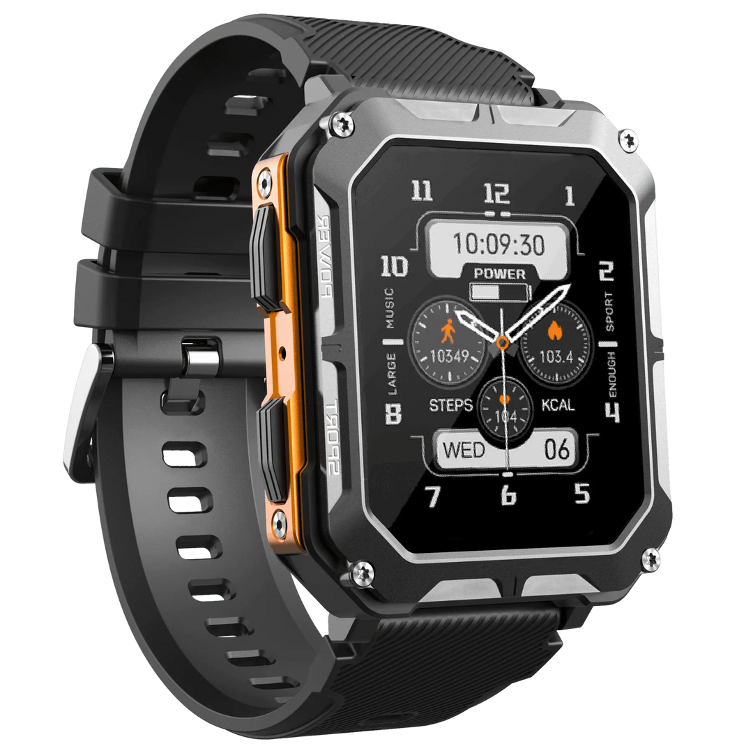 Robuste Smartwatch, schwarz, mit Herzfrequenzmesser und Schrittzähler für Outdoor-Aktivitäten.