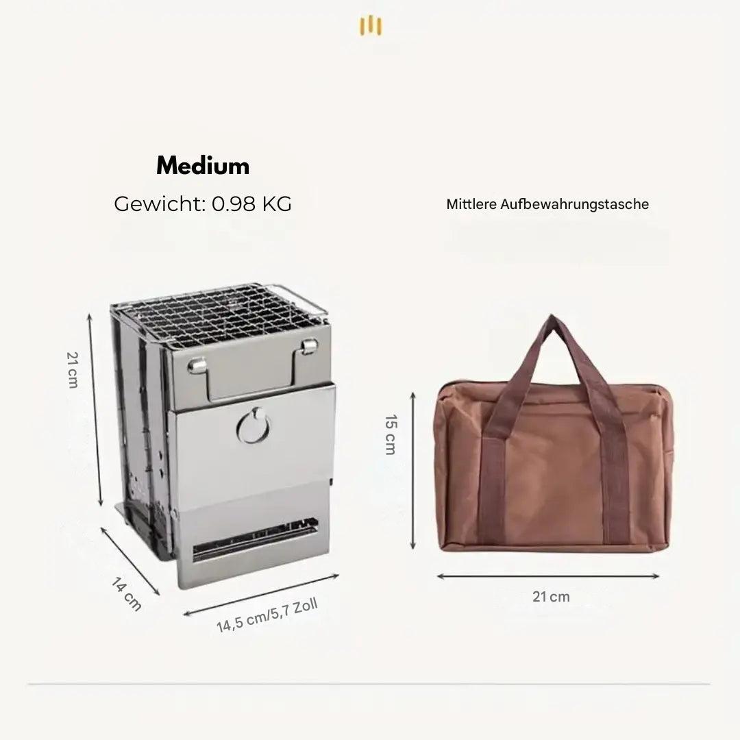 Klappbarer Edelstahl-Holzofen, Camping, 21x14x21 cm, mit Aufbewahrungstasche, Outdoor.