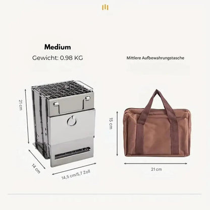 Klappbarer Edelstahl-Holzofen, Camping, 21x14x21 cm, mit Aufbewahrungstasche, Outdoor.