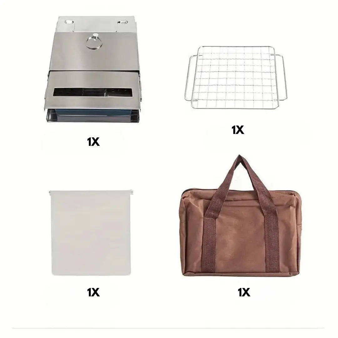 1x Edelstahl-Holzofen faltbar, 1x Grillrost, 1x Tragetasche, 1x Ascheblech für Camping.