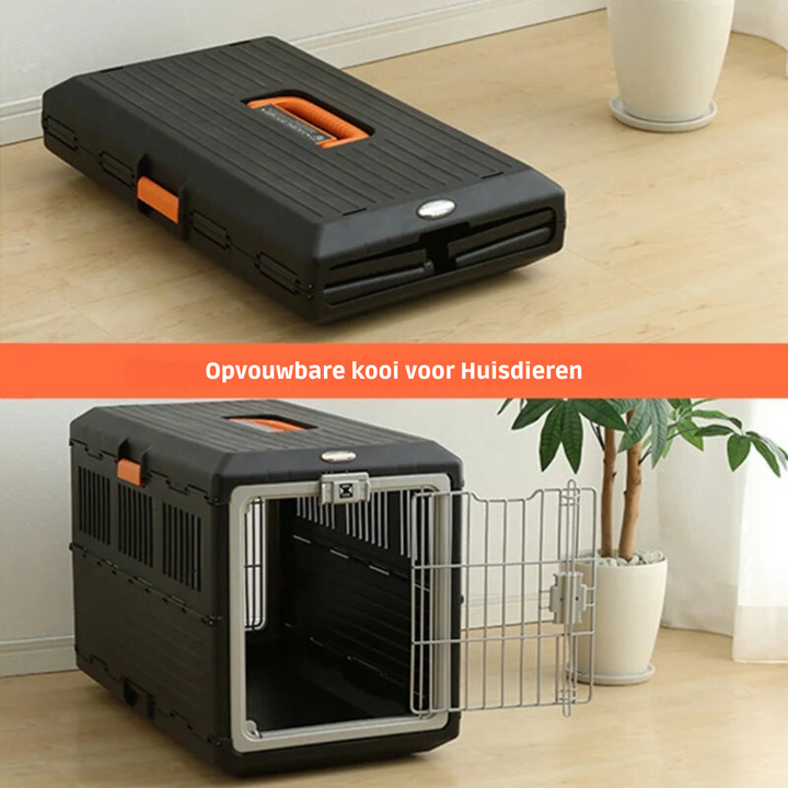Zusammenklappbare schwarze Haustiertransportbox mit orangefarbenem Griff, ideal für Reisen.