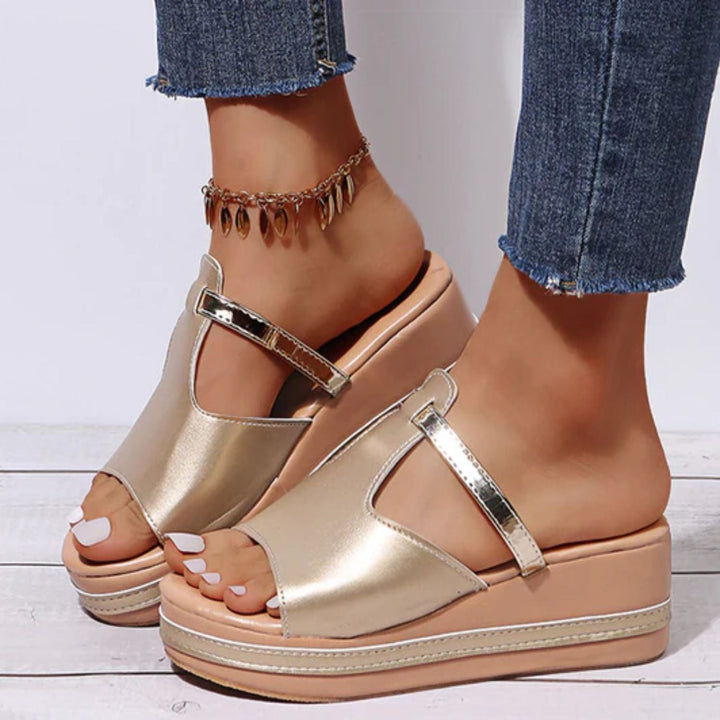 Goldene orthopädische Sandalen, Plateau, Damen, bequem, modisch, Sommer, Fußbett, pink.