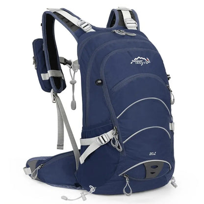 Blauer wasserdichter Outdoor-Rucksack 20L mit mehreren Taschen und verstellbaren Gurten.