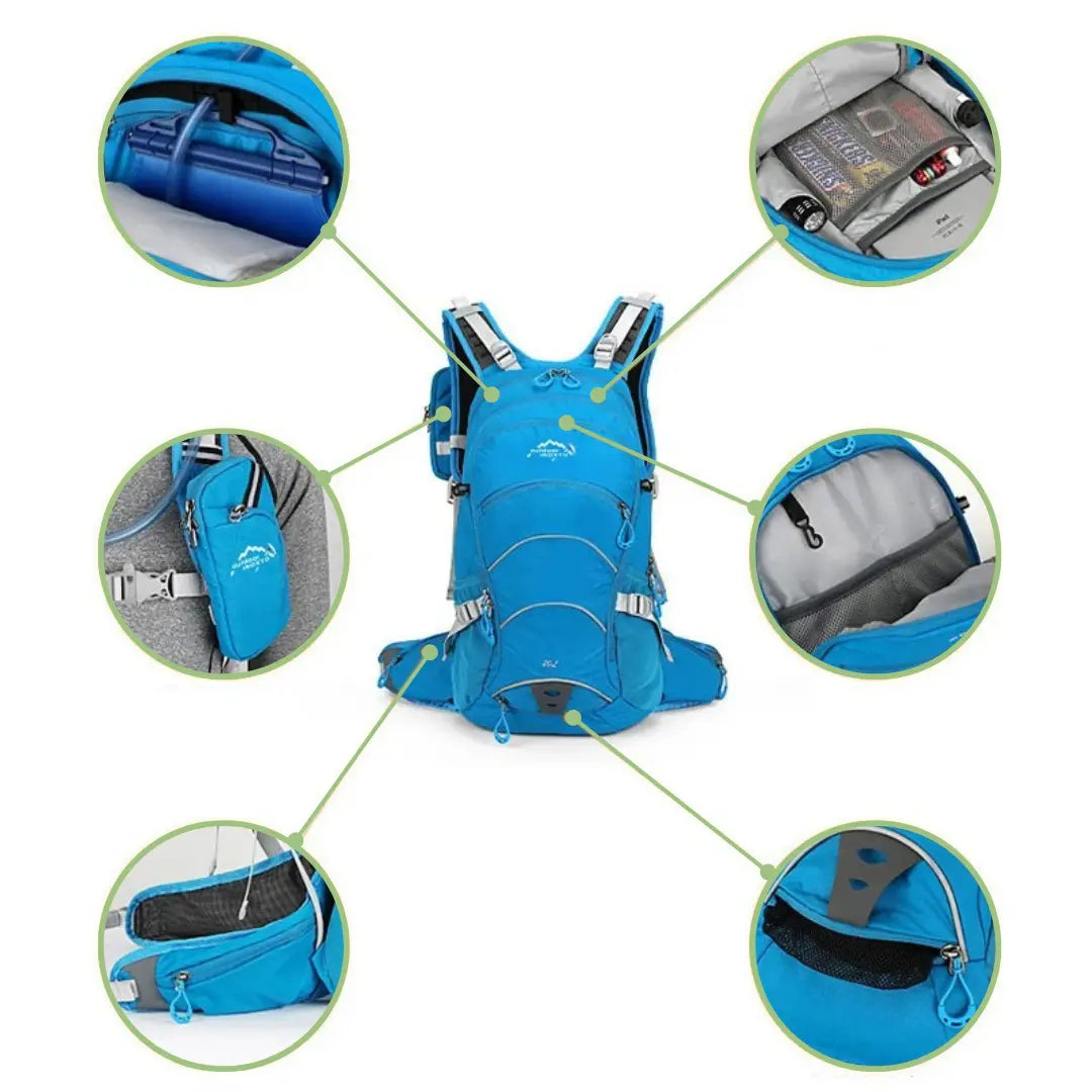 Blaue wasserdichte Outdoor-Rucksack 20L mit mehreren Fächern und verstellbaren Gurten.