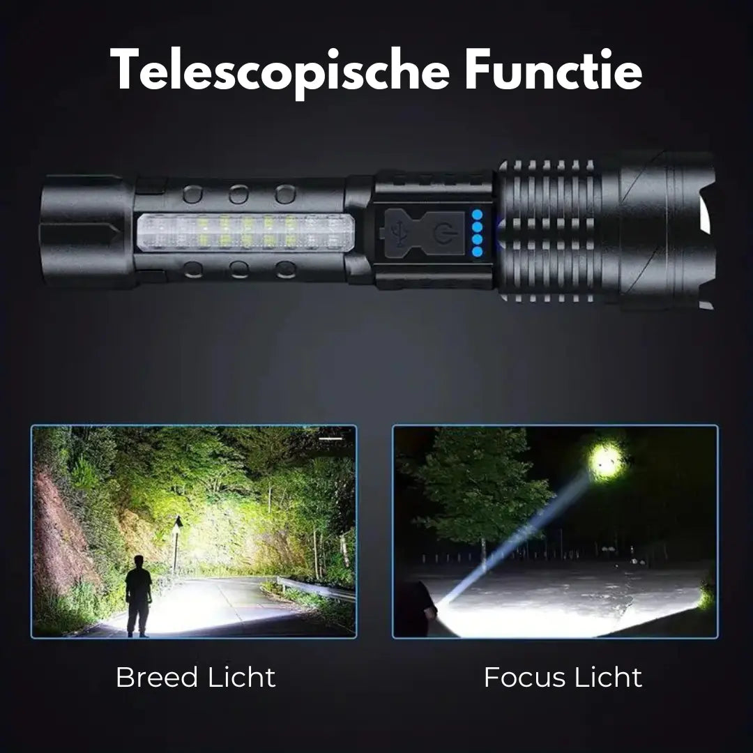 Schwarze taktische Taschenlampe, 5000 Lumen, teleskopisch, Outdoor, LED, Militärstil.