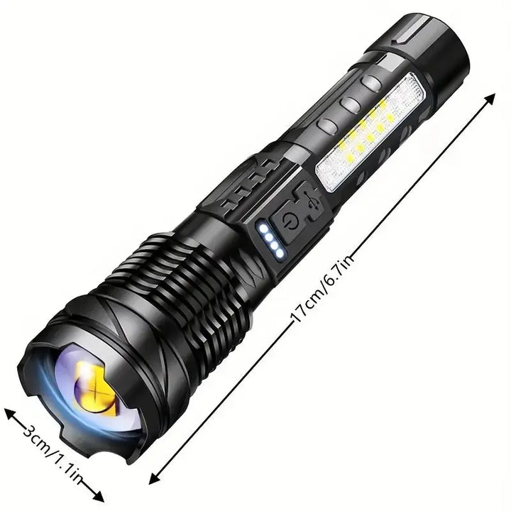 Schwarze militärische Taschenlampe, 5000 Lumen, Outdoor, robust, kompakt, LED, 11 cm.