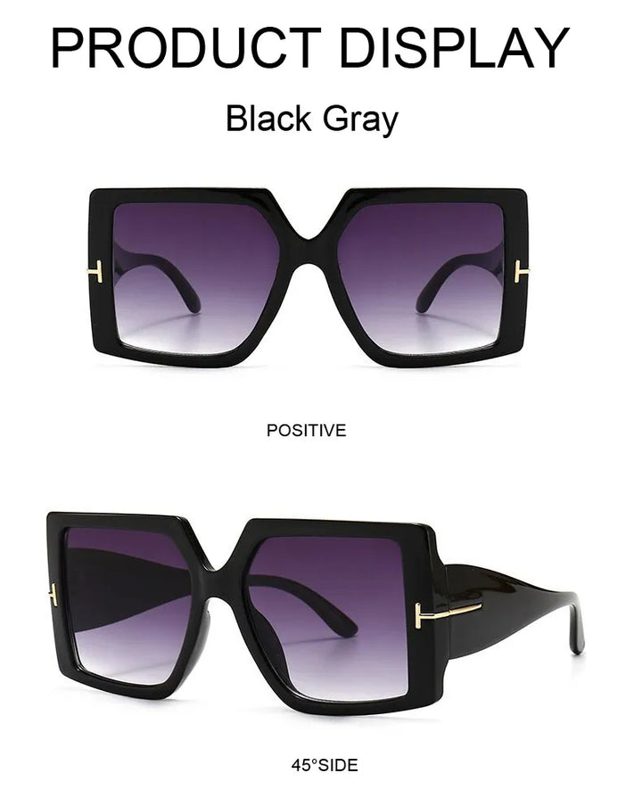 Schwarze übergroße eckige Sonnenbrille, graue Gläser, modisches Accessoire.
