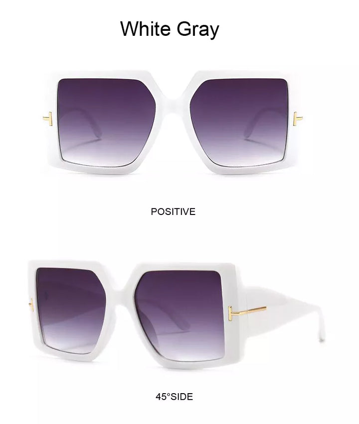 Weiße übergroße quadratische Sonnenbrille, lila Gläser, modisches Accessoire.