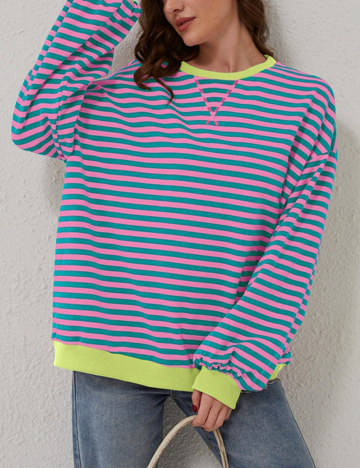 Oversized Striped Crew-Neck Sweatshirt - Holly