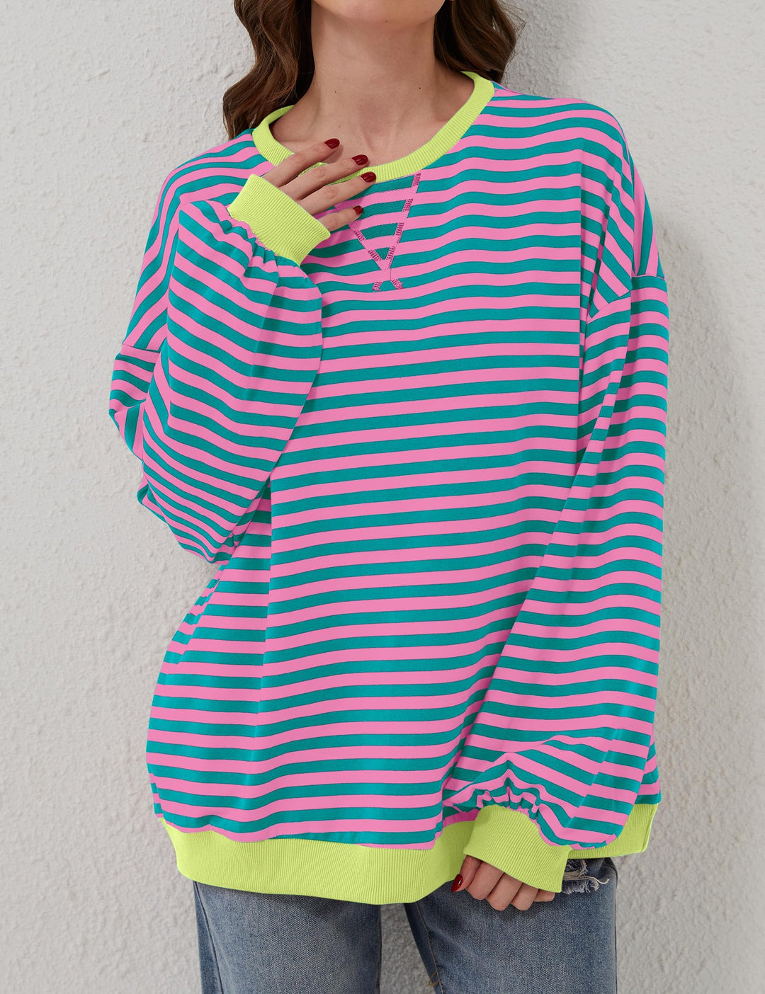 Oversized Striped Crew-Neck Sweatshirt - Holly