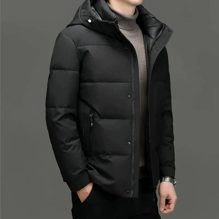 Schwarze Herren-Daunenjacke mit Kapuze, warm, modisch, Winterbekleidung, Reißverschluss.