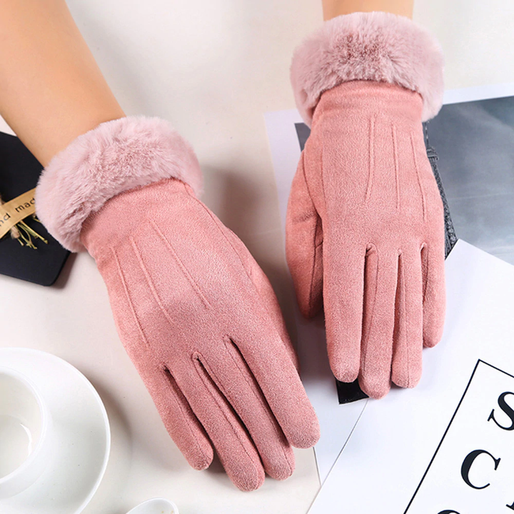 Damenhandschuhe rosa, Kunstpelz, Wintermode, warm, elegant, stilvoll, Accessoire.