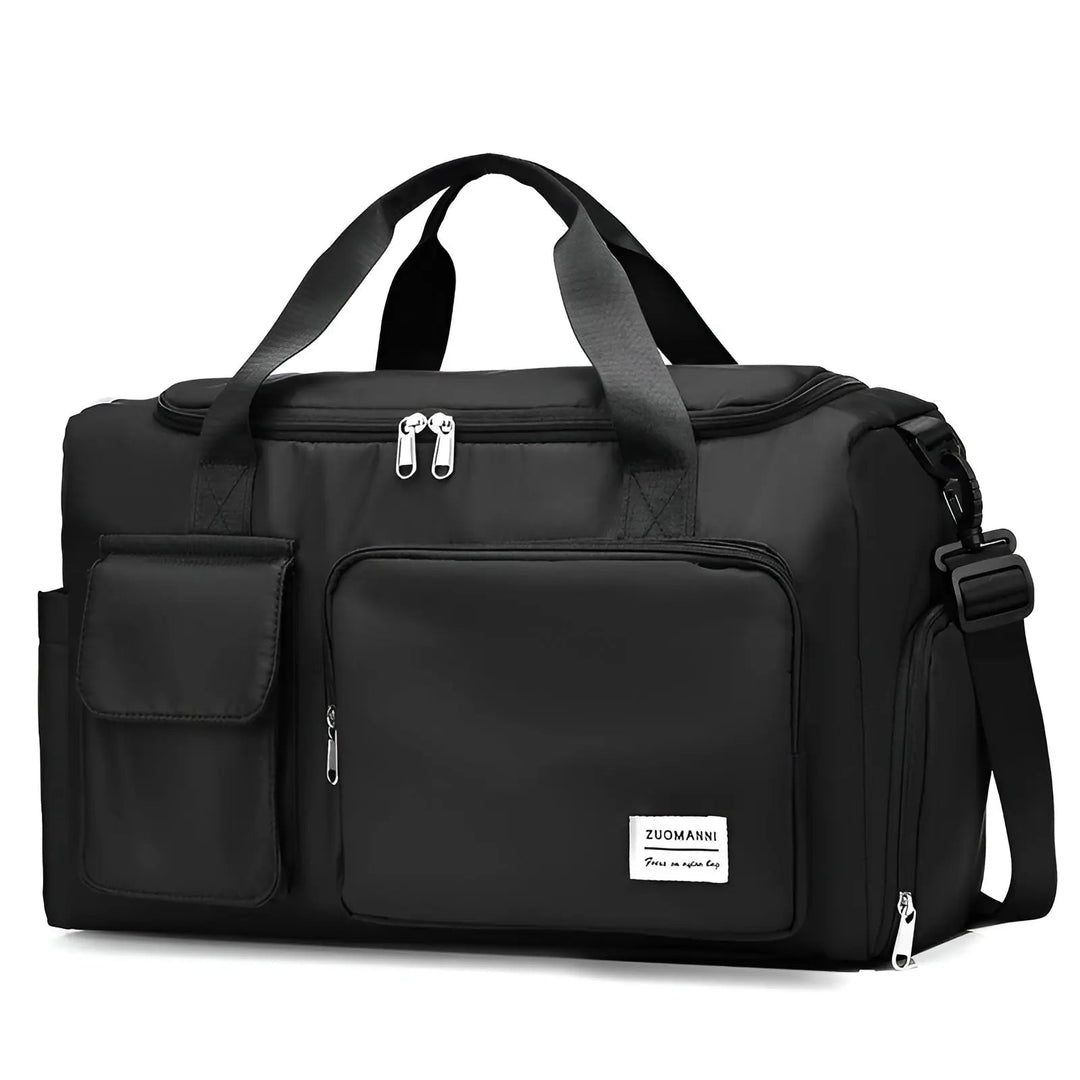 Schwarze Reisetasche aus Nylon mit mehreren Fächern und verstellbarem Schultergurt.