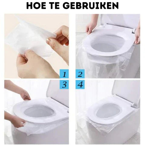Einweg-Toilettensitzbezug, wasserdicht, hygienisch, Anwendungsschritte, weiß, Kunststoff.