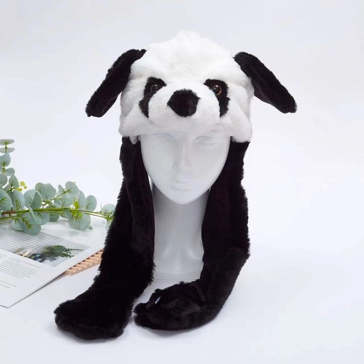 Panda-Mütze aus Plüsch, schwarz-weiß, mit Ohren und Schal, für Kinder und Erwachsene.