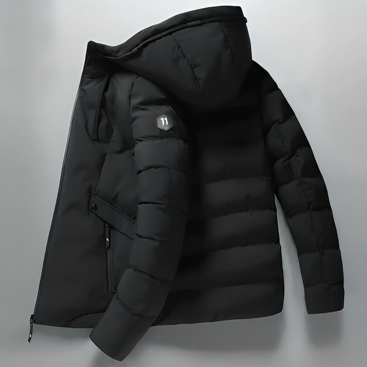 Schwarze Winterparka mit Kapuze, gesteppte Daunenjacke, warm, wasserabweisend, Herrenmode.