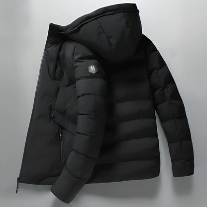 Schwarze Winterparka mit Kapuze, gesteppte Daunenjacke, warm, wasserabweisend, Herrenmode.