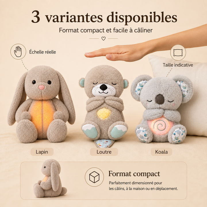 Srovnání tří variant plyšáka, králík, vydra a koala, vedle sebe pod lidskou dlaní pro představu velikosti. 7