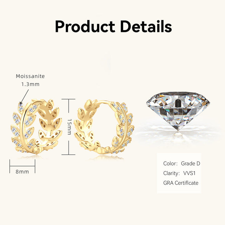 Goldene Moissanit-Ohrringe, Blattdesign, 15mm, VVS1, GRA-zertifiziert, Damen-Schmuck.