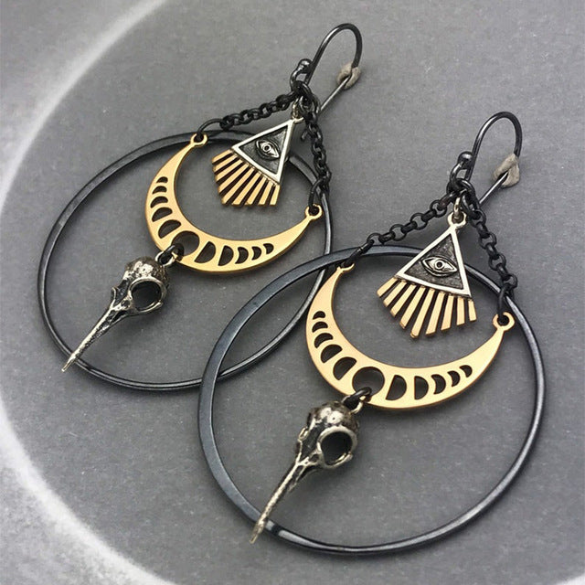 Silberne geometrische Ohrringe mit Totenkopf- und Auge-Design, Vintage-Stil, Damen-Schmuck.