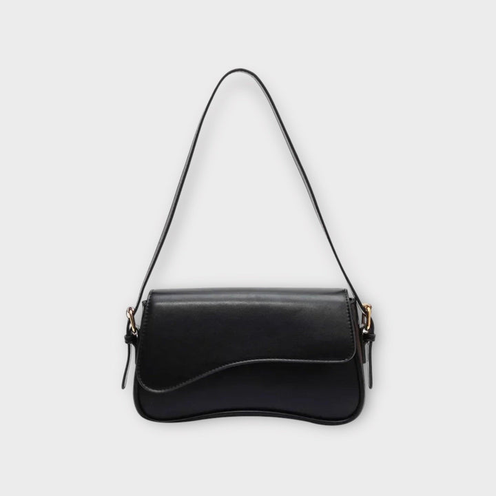 Schwarze Lederhandtasche mit Schulterriemen, elegantes Design, Damenmode Accessoire.