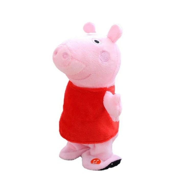 Rosa Plüsch-Schweinchen in rotem Kleid, Spielzeug, Kinder, Geschenk, Kuscheltier, weich.