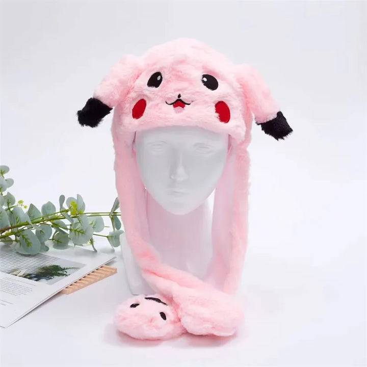 Rosa Pikachu Plüschmütze mit Ohren, süßes Design, Kinder Winteraccessoire, Geschenkidee.