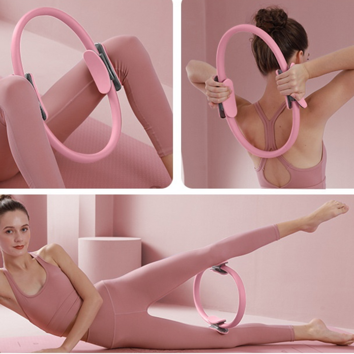 Frau trainiert mit rosa Pilates-Ring, Fitnessgerät, Yoga, Ganzkörpertraining, Heimtraining.