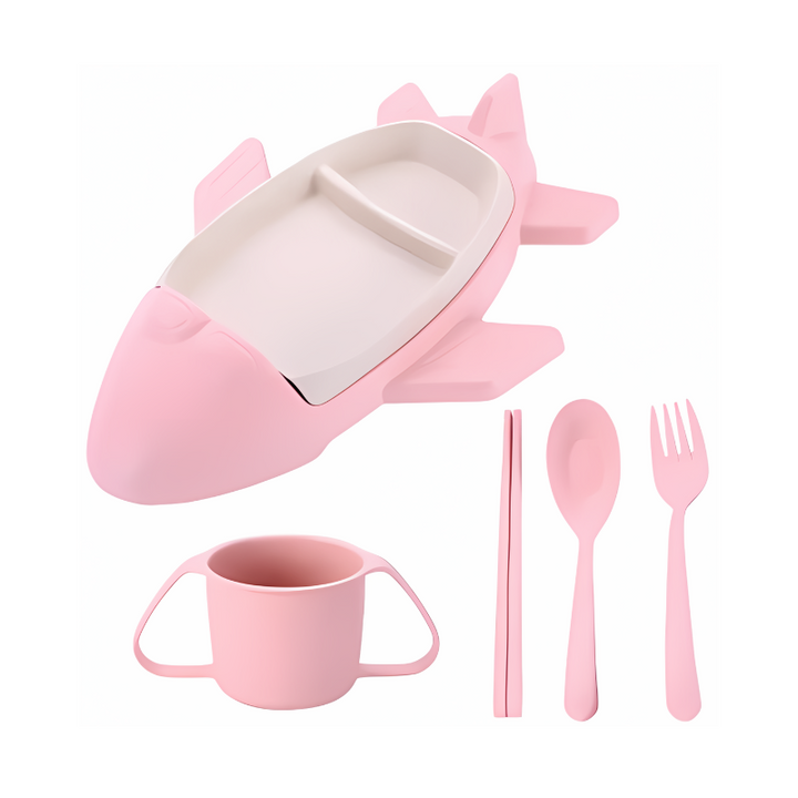 Rosa Kinder-Geschirrset in Flugzeugform, BPA-frei, mit Becher, Löffel, Gabel, umweltfreundlich.