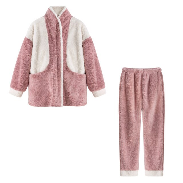 Rosa-weißer Fleece-Pyjama-Set für Damen, gemütlich, warm, langärmelig, Herbst-Wintermode.