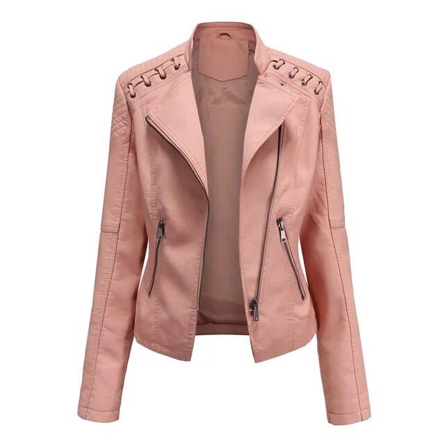 Damen Bikerjacke rosa, Kunstleder, Reißverschluss, modisch, elegant, Herbstmode, stilvoll.