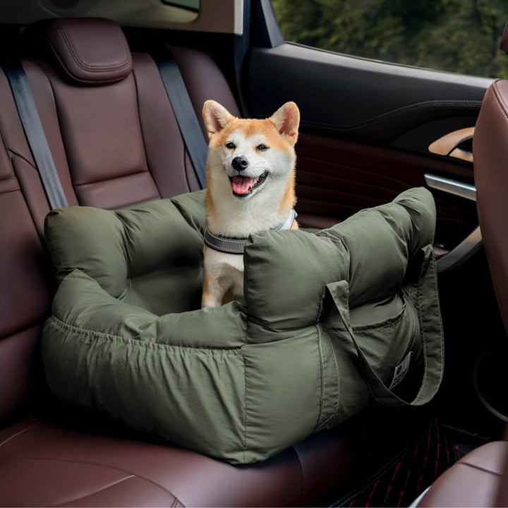 Dunkelgrünes tragbares Hundebett Autositz, Shiba Inu, bequem, Reisen, Haustierbedarf.