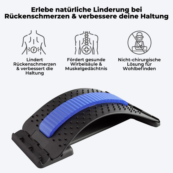 Rückenstrecker mit blauer Polsterung, lindert Rückenschmerzen, verbessert Haltung, ergonomisch.