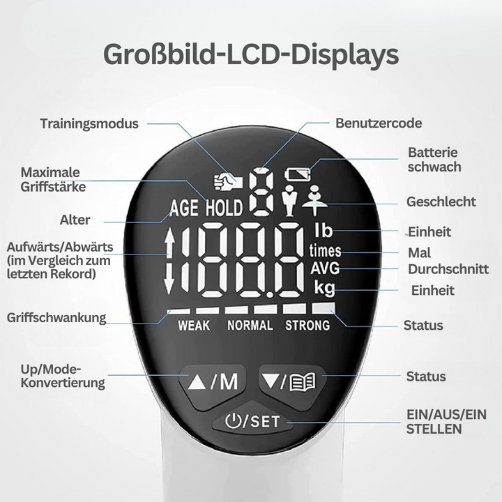 Großbild-LCD-Display Handgrifftrainer, schwarz, Trainingsmodi, Batteriestatus, Benutzercode.