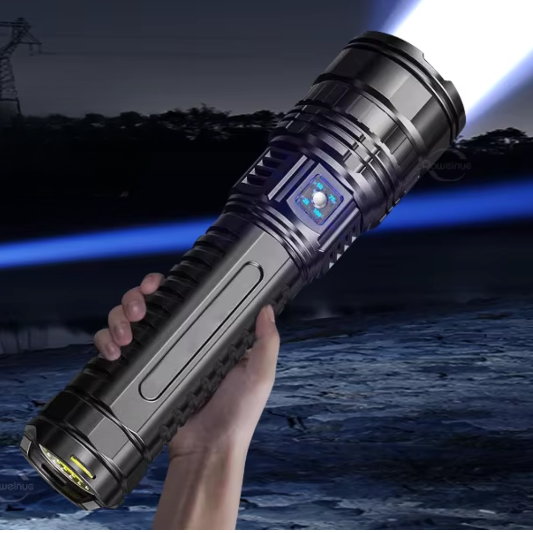 Schwarze LED-Taschenlampe, leistungsstark, handgehalten, Nachtbeleuchtung, Outdoor-Einsatz.