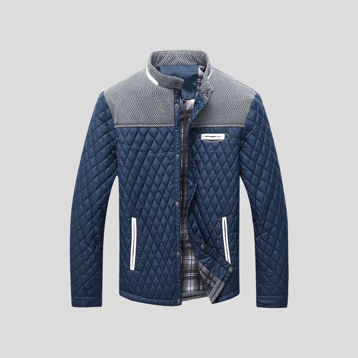 Blaue gesteppte Herrenjacke, Stehkragen, kariertes Innenfutter, modisch, warm, elegant.