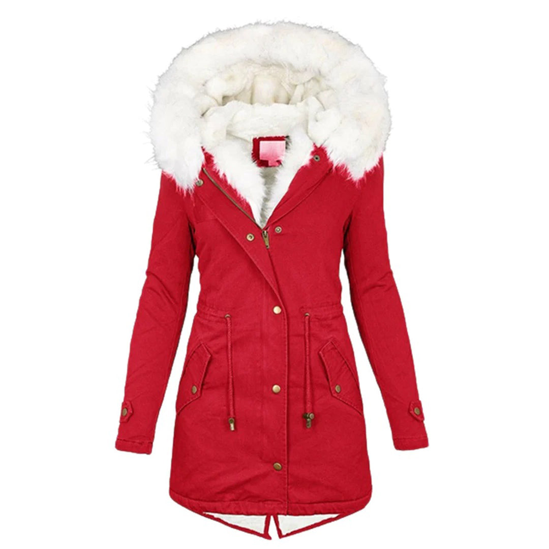 Roter Damenparka mit Kapuze, Kunstfellbesatz, Winterjacke, warm, modisch, Outdoor-Bekleidung.