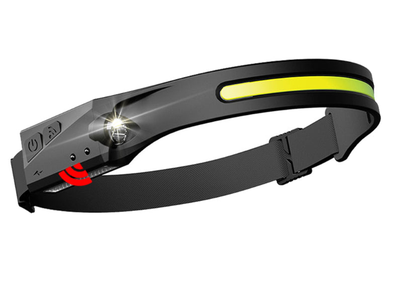 Schwarze LED-Stirnlampe mit verstellbarem Band, USB-aufladbar, ideal für Outdoor-Aktivitäten.