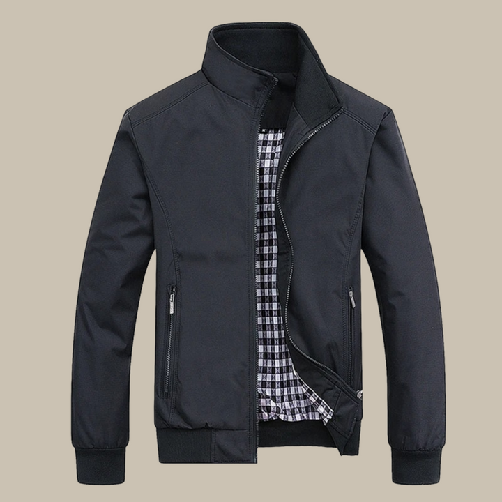 Schwarze Herrenjacke, Reißverschluss, kariertes Innenfutter, modisch, lässig, Herbstbekleidung.