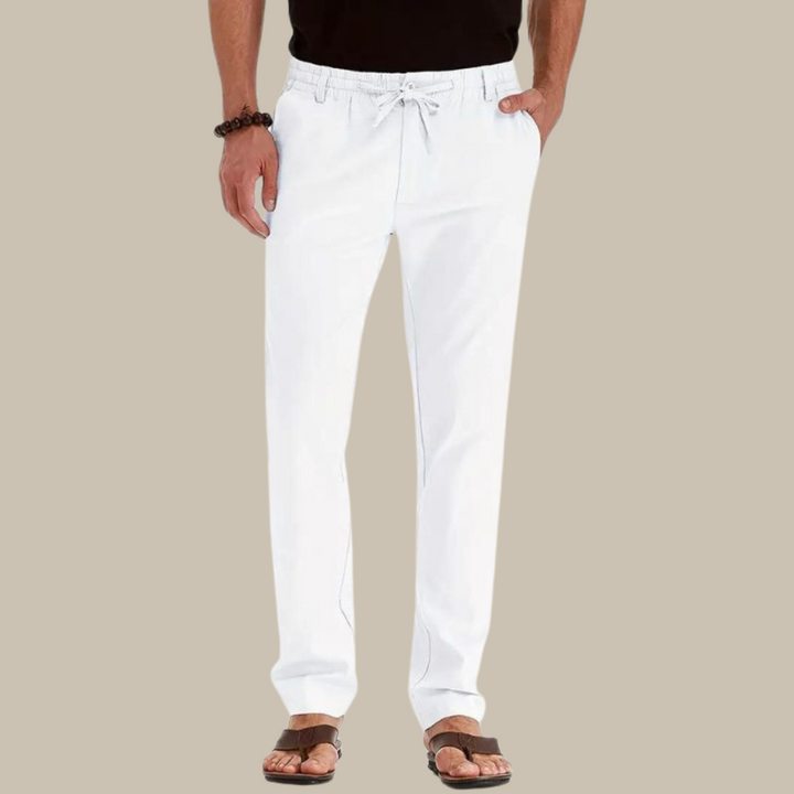 Weiße Herren-Leinenhose, lässig, mit Kordelzug, ideal für Sommermode.