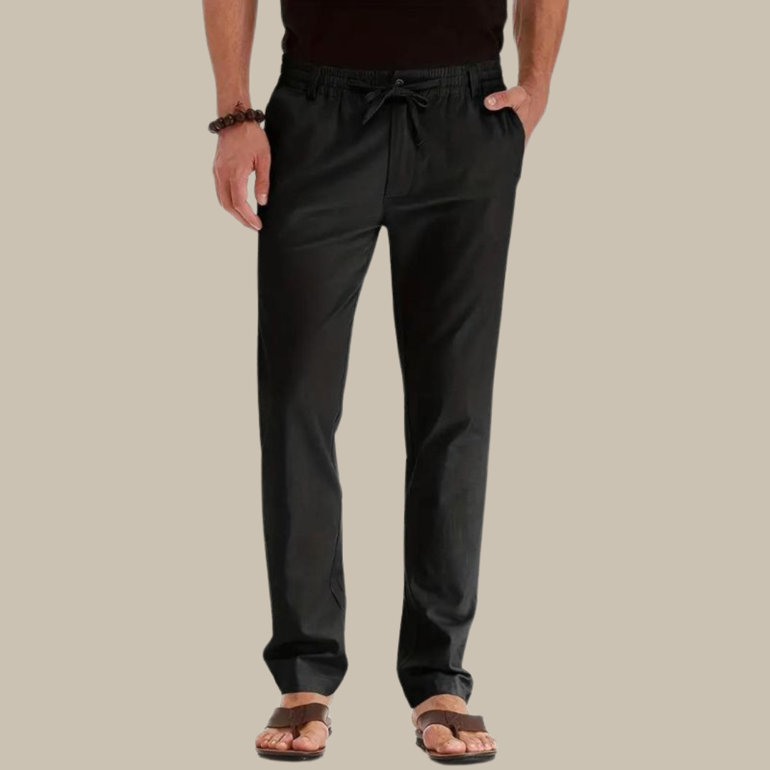Schwarze Herren-Leinenhose, lässig, mit Kordelzug, ideal für Sommermode und Freizeit.
