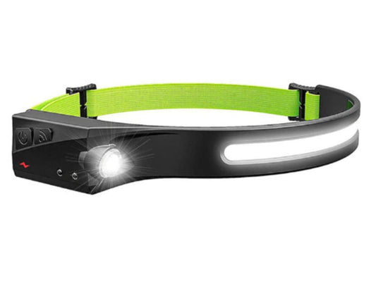 Schwarzes LED-Stirnband mit grünem Gurt, ideal für Outdoor-Aktivitäten und Nachtläufe.