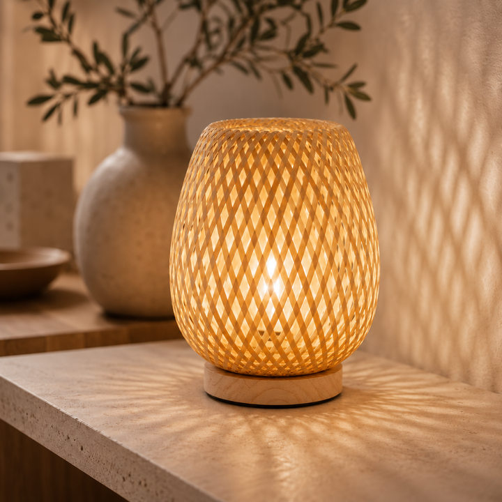 Detail rozsvícené lampy s pleteným bambusovým stínidlem a dřevěným podstavcem na kamenné desce, vržené stíny vzoru na zdi. 1